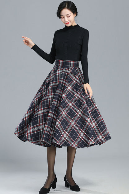High Waist Midi Wool Plaid Skirt 3244