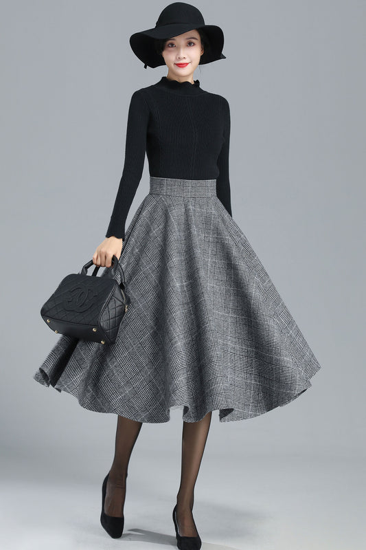 Handmade Wool Plaid Circle Skirt – High Waist Pleated Midi for Autumn Winter 3245