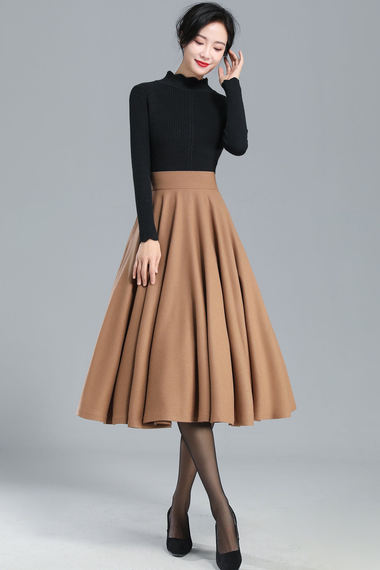 High Waist Flared Wool Winter Skirt 3247