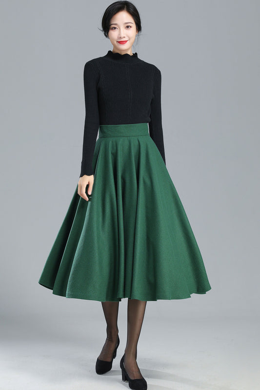 Green Wool Full Circle Skirt - Pleated High Waist Winter Essential 3248