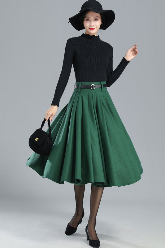 Green Wool Midi Skirt – Vintage High Waist A-Line Winter Skirt 3249