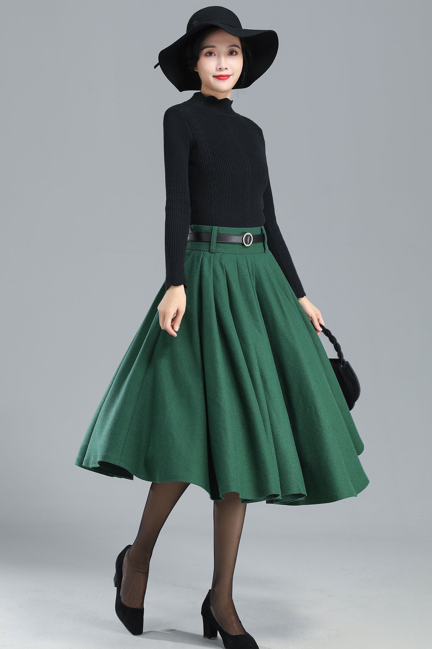 Green Minimalist Pleated Wool Skirt 3249