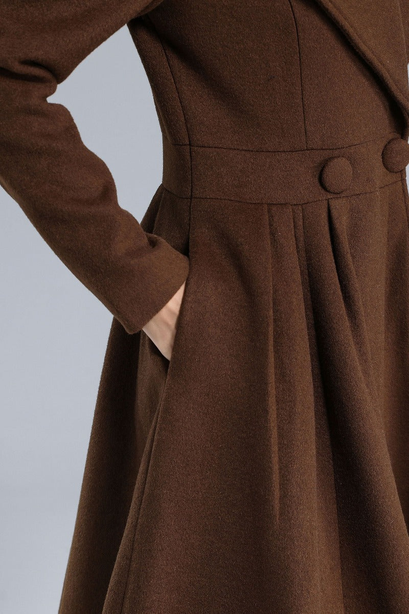 Vintage Princess Wool Coat – Handmade Brown Pleated Long Overcoat | Xiaolizi 3241