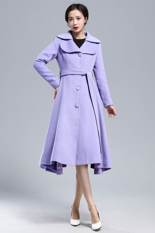 Xiaolizi Purple Wool Coat for Women – Handmade Vintage Fit-and-Flare Winter Overcoat with Double-Folded Lapel Collar 3162