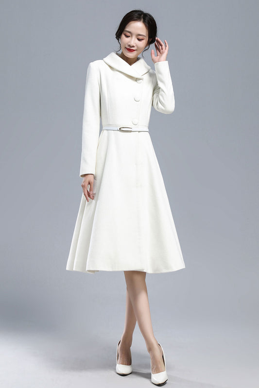 White Wool Blend Coat – Vintage Below Knee Winter Overcoat with Pockets 3163