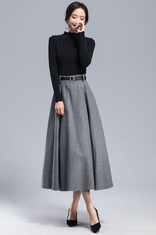 Grey Wool Long Pleated Skirt - Flowy Elegant Silhouette 3165