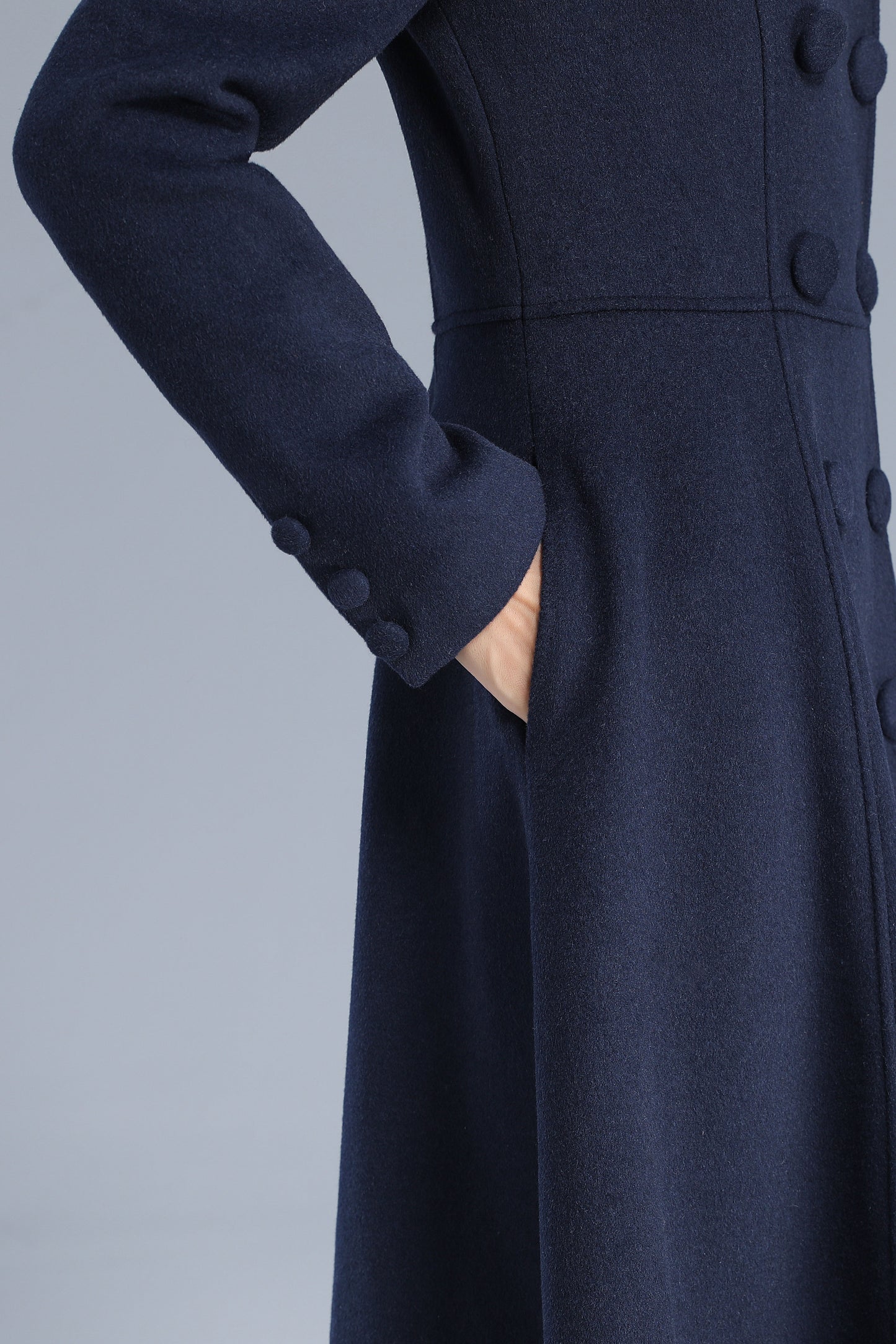 Navy Wool Coat Maxi Winter Overcoat - Elegant Double Breasted Fit-and-Flare 3200