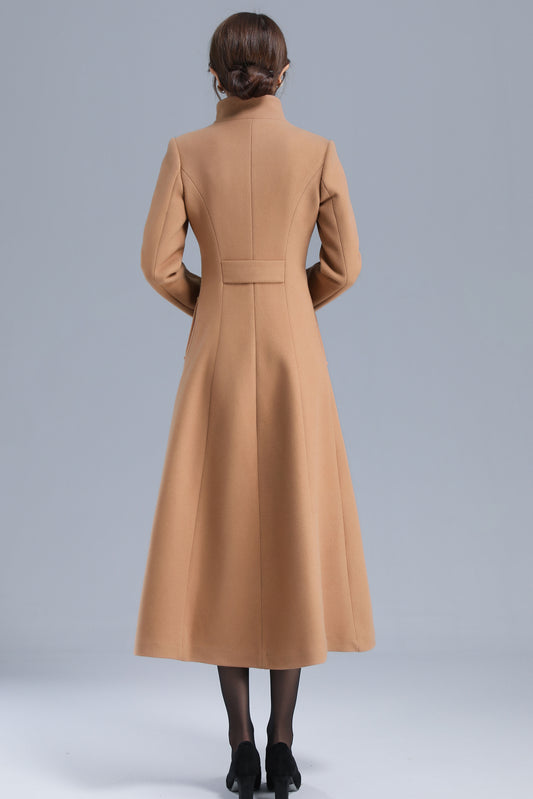Camel Wool Blend Long Coat - Single Breasted, Stand Collar 3201