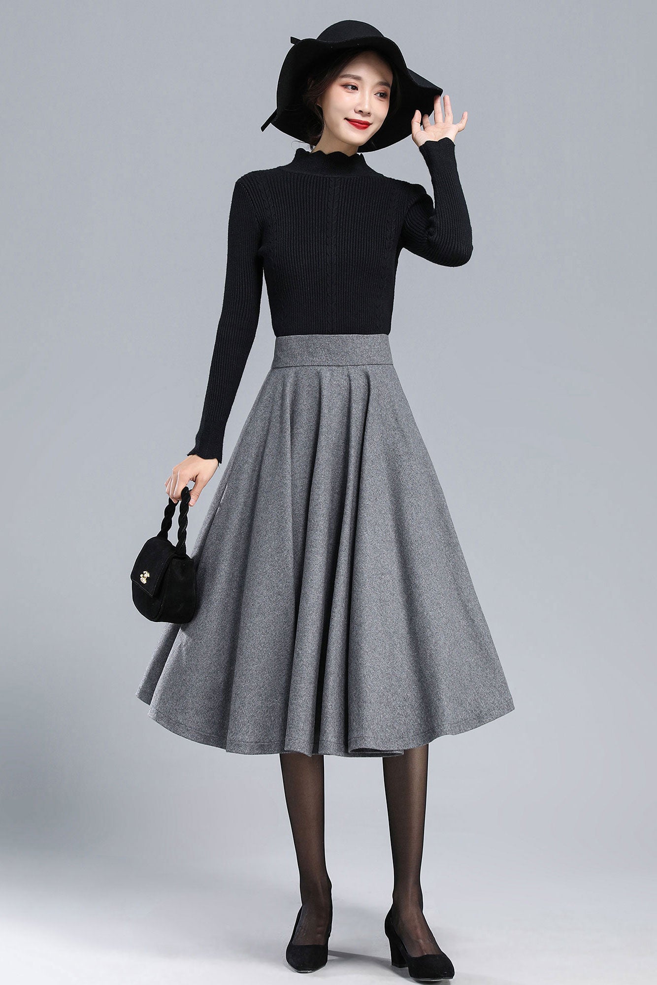 Gray Wool Pleated Midi Skirt – High Waist A-Line Full Skirt 3168