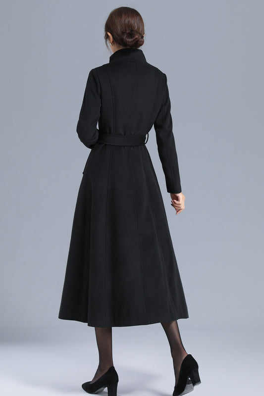 Black Wool Blend Coat - High Neck, Belted, Mid-Calf Length 3202