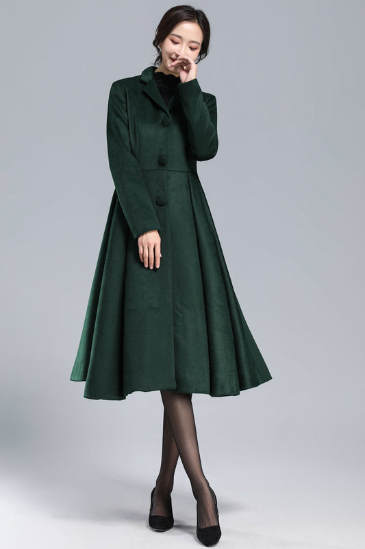 Xiaolizi Green Fit and Flare Wool Coat for Women – Handmade Vintage Mid-Calf Winter Coat 3169