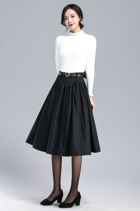 Black Wool Pleated Midi Skirt - High Waist Vintage Style 3170