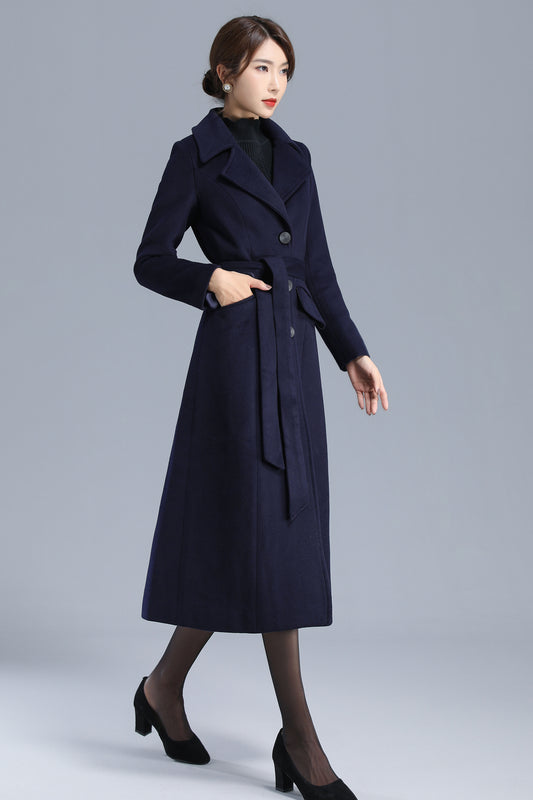 Navy Wool Coat - Single Breasted with Belted Waist 3205