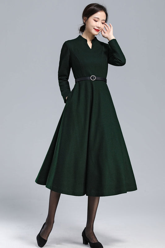 Emerald Green Winter Long Wool Dress 3175
