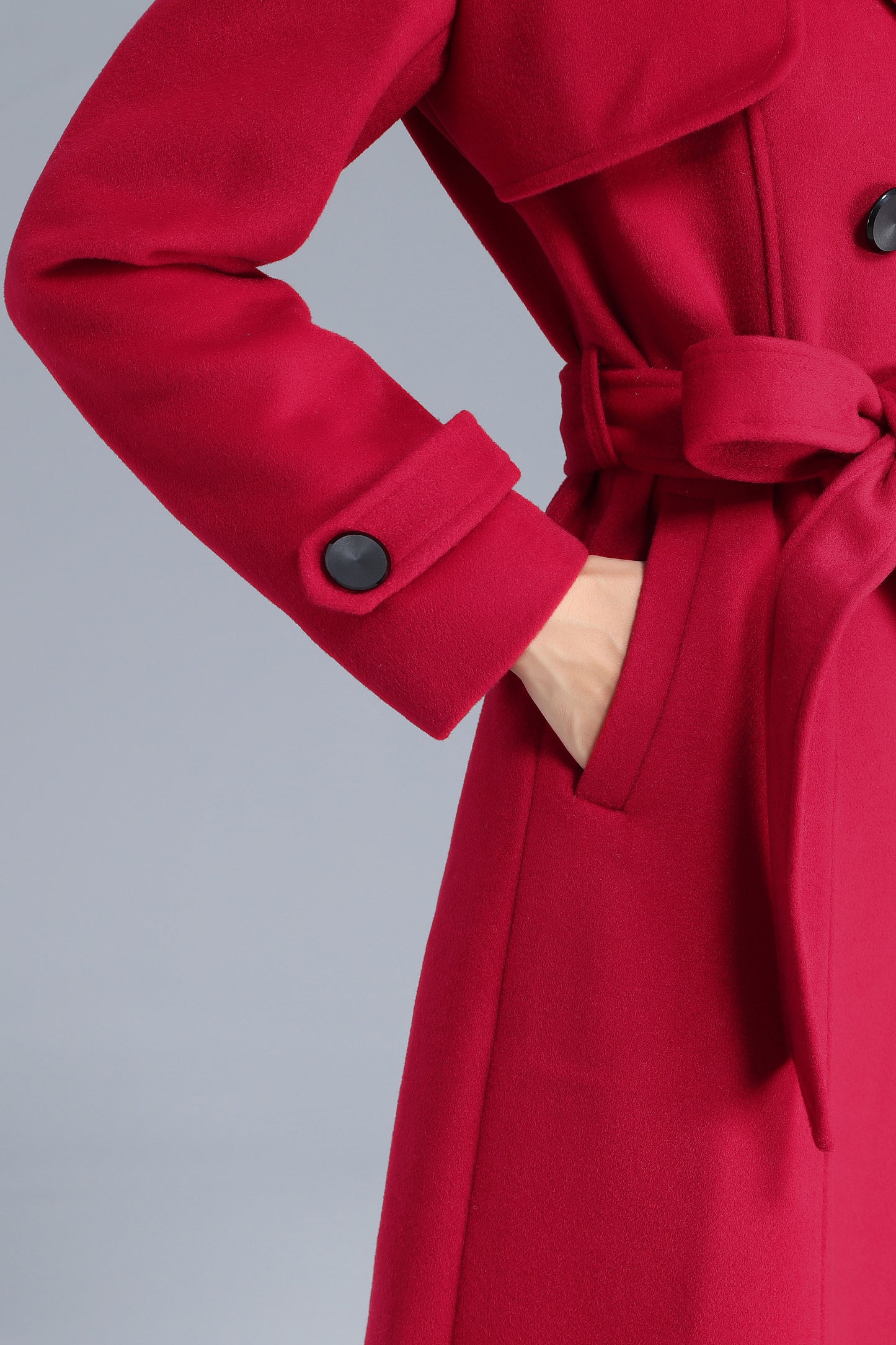 Red Wool Long Coat - Double Breasted Belted Silhouette 3206