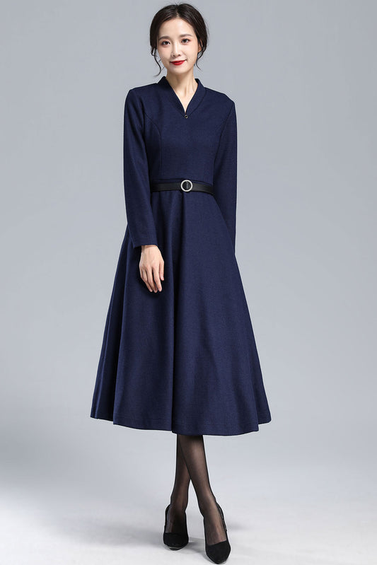 Navy Blue Wool Dress – Vintage Fit & Flare Winter Midi with Pockets 3176