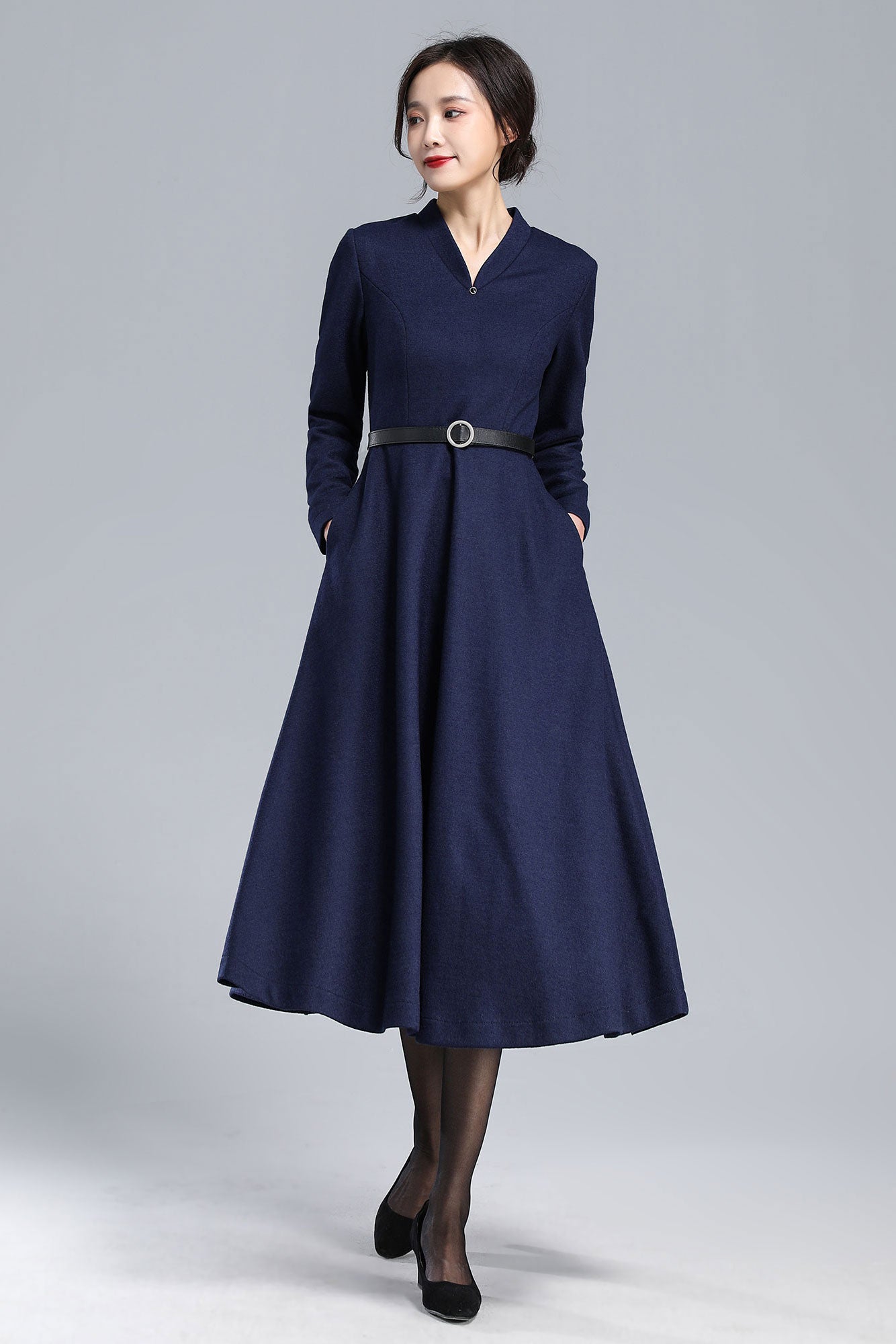 Navy Wool Dress Handmade Winter Midi with Pockets | Xiaolizi Navy Wool Dress Handmade Winter Midi with Pockets | Xiaolizi