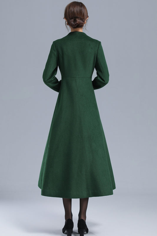 Emerald Green Wool Blend Trench Coat - Fit and Flare Silhouette 3207