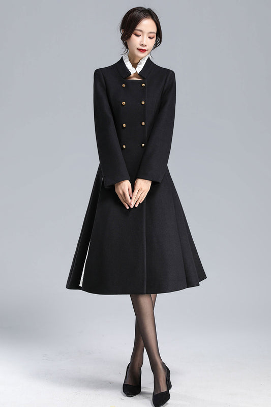 Black Wool Coat Dress – Vintage Double-Breasted Swing Coat with Lace Patchwork 3177