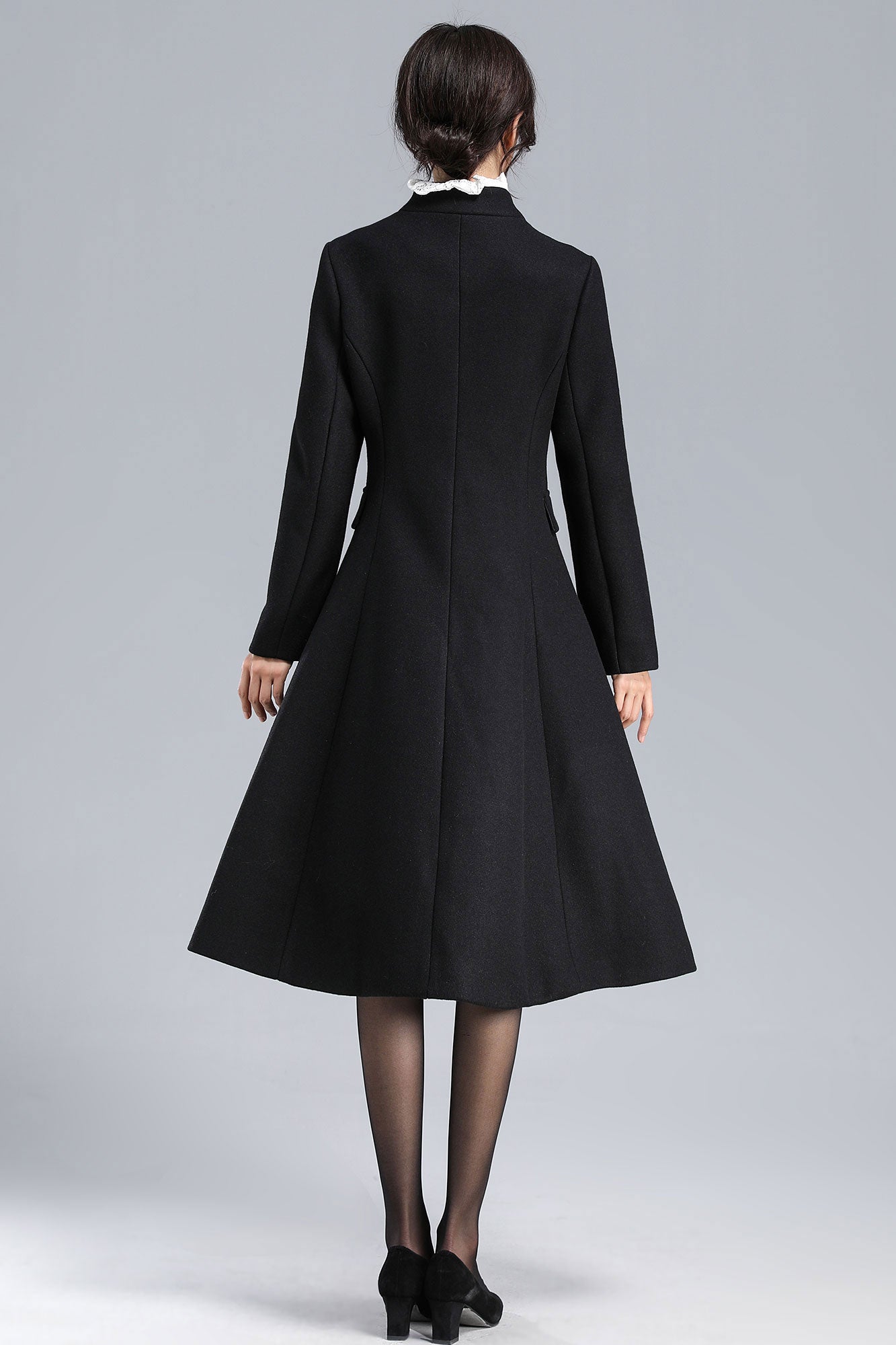 Black Wool Coat Dress – Vintage Double-Breasted Swing Coat with Lace Patchwork 3177