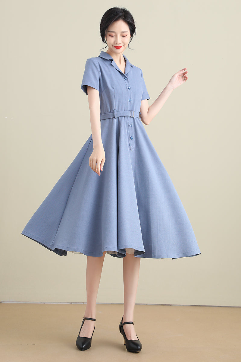 Vintage Inspired Linen Women Short Sleeve Shirtwaist Dress 3277# – XiaoLizi