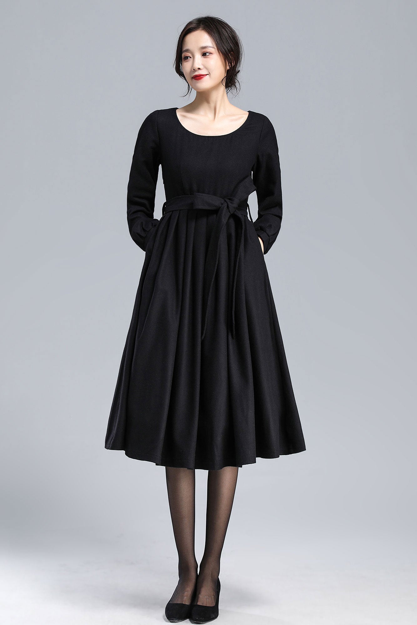 pleated wool dress Women's Crooked Skyline Strapless Waist Pleated Wool Cotton Midi Dress 0/1/2 Black MEAN BLVD Black / 0