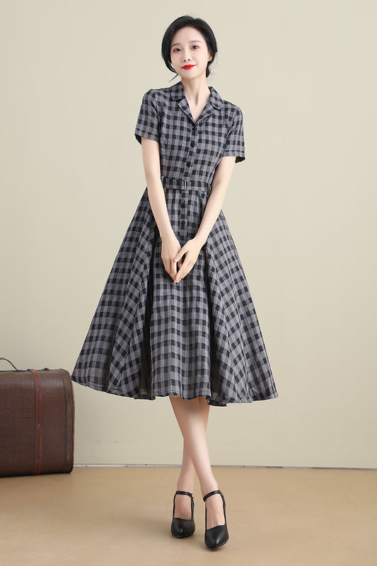Black and Grey Linen Plaid Swing Shirtwaist Dress 3279