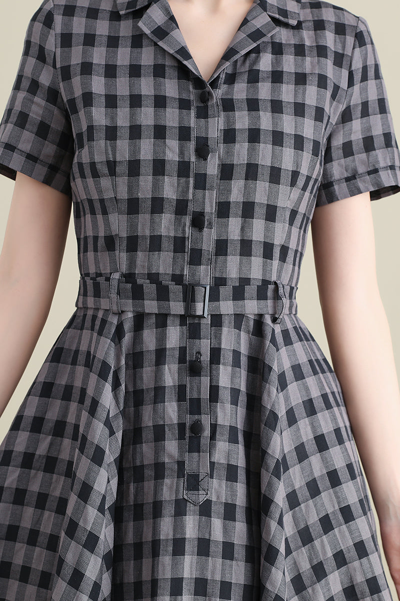 Black and Grey Linen Plaid Swing Shirtwaist Dress 3279