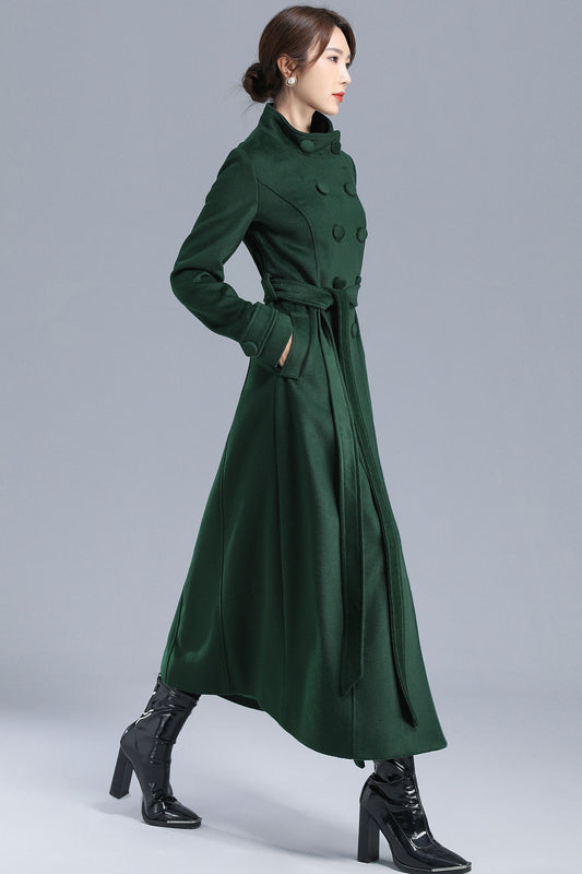 Green Wool Long Coat - Double Breasted with Belt 3214