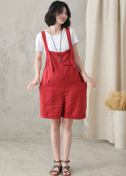 Orange Cotton Linen Overalls Shorts - Adjustable Strap, Loose Fit 2815
