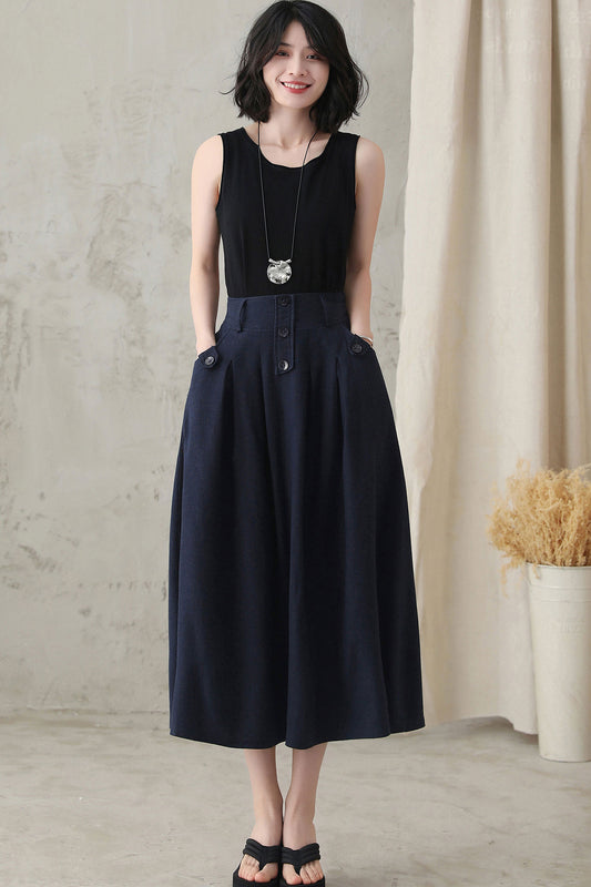 Navy Linen Cotton Midi Skirt - Pleated High Waist with Pockets 2819