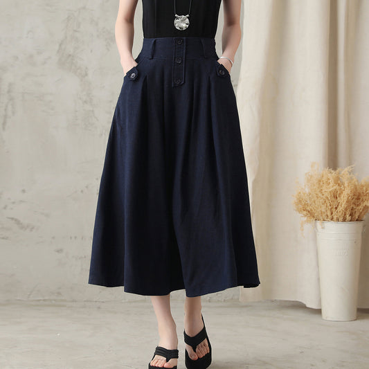 Navy Linen Blend Midi Skirt - Pleated High Waistband with Pockets 281902