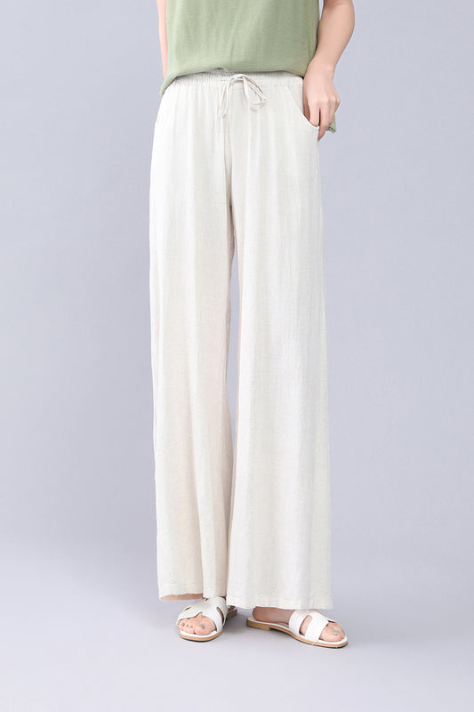 Beige Linen Wide Leg Pants - Elastic Waist, High Waisted 3556