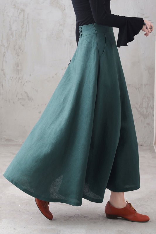 Green Linen A-Line Maxi Skirt - High Waist with Side Pockets 3287