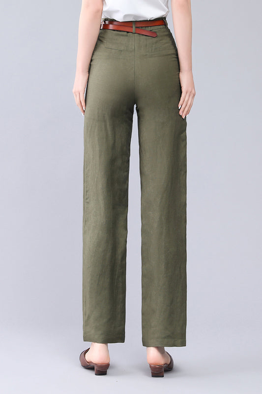 Olive Linen High Waist Wide Leg Pants - Elastic Back Waistband 3557