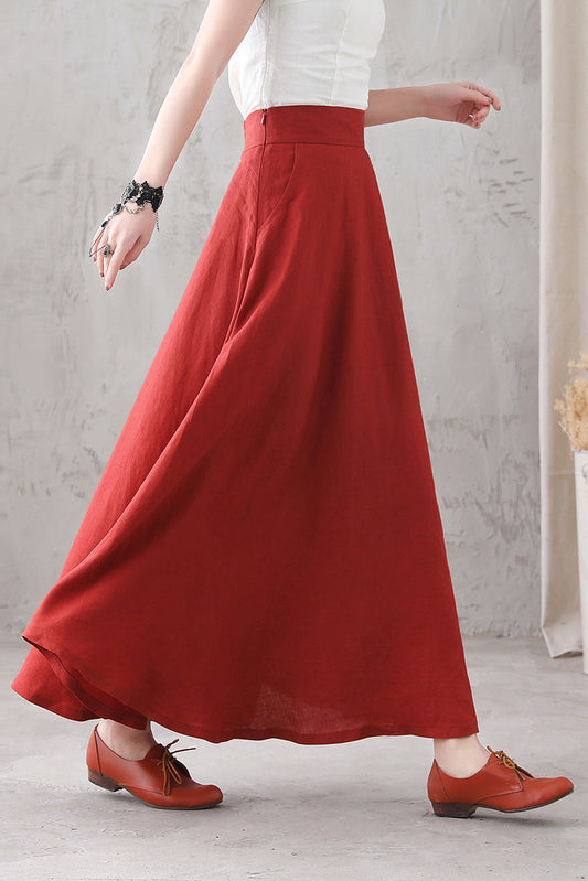 A Line Maxi Linen Swing High Waist Skirt 3289