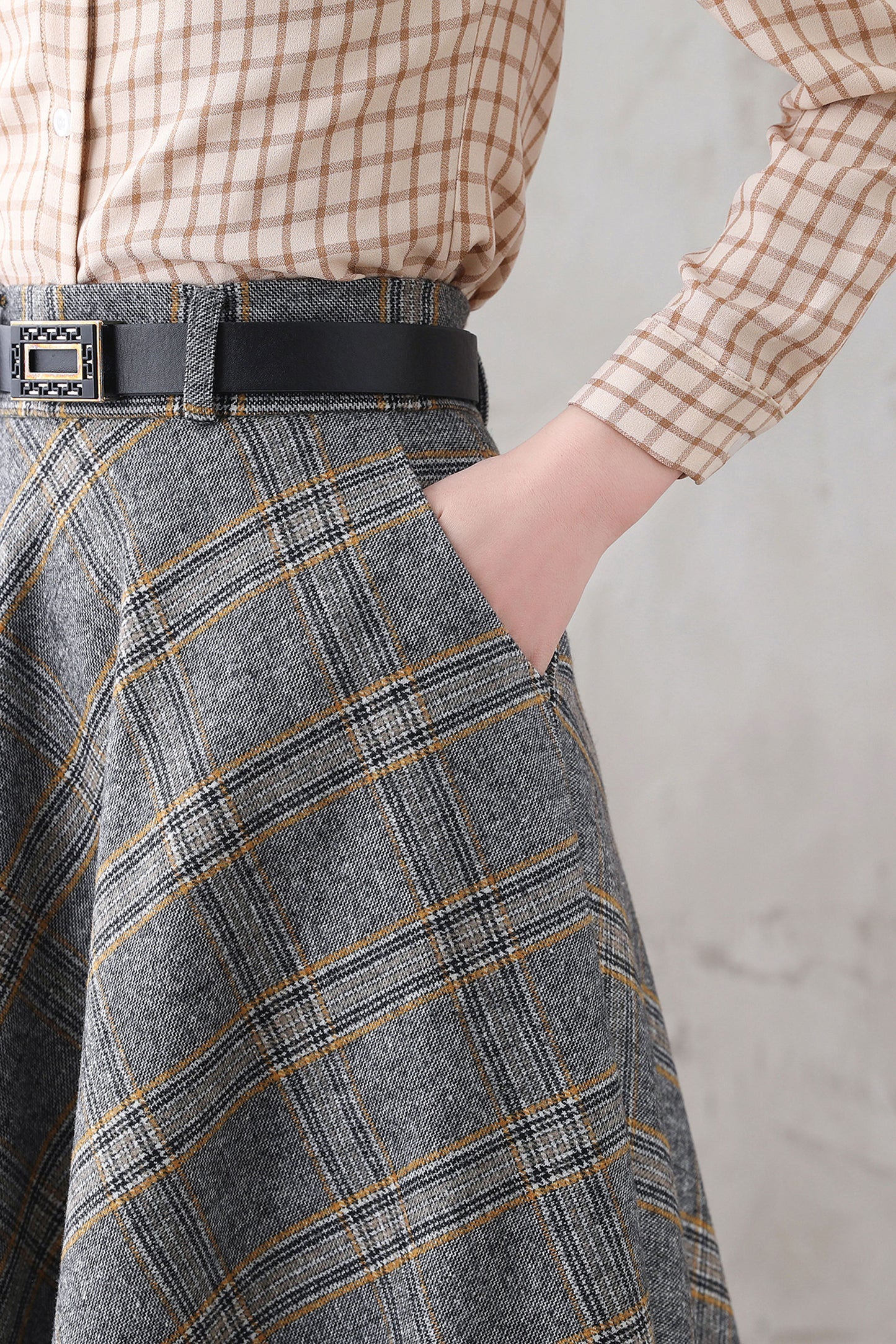 Plaid Wool Midi Skirt - High Waist A-Line with Side Pockets 3293