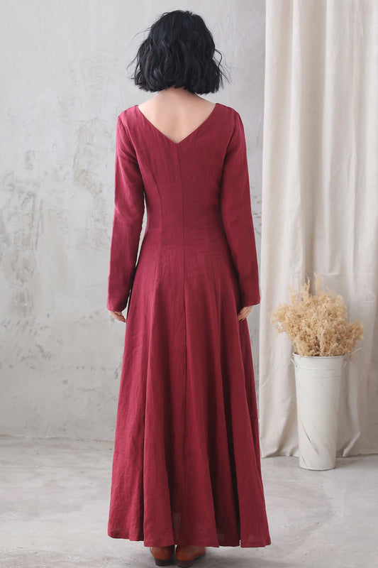 Wine Red Linen Maxi Dress - V Neck, Long Sleeve, A-Line Swing 3330