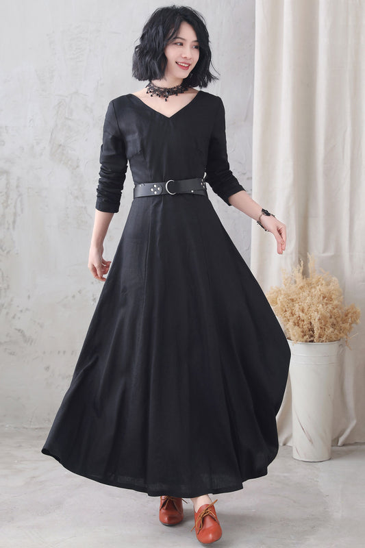 Black Vintage Inspired Mediveal Long Maxi Linen Dress 3332
