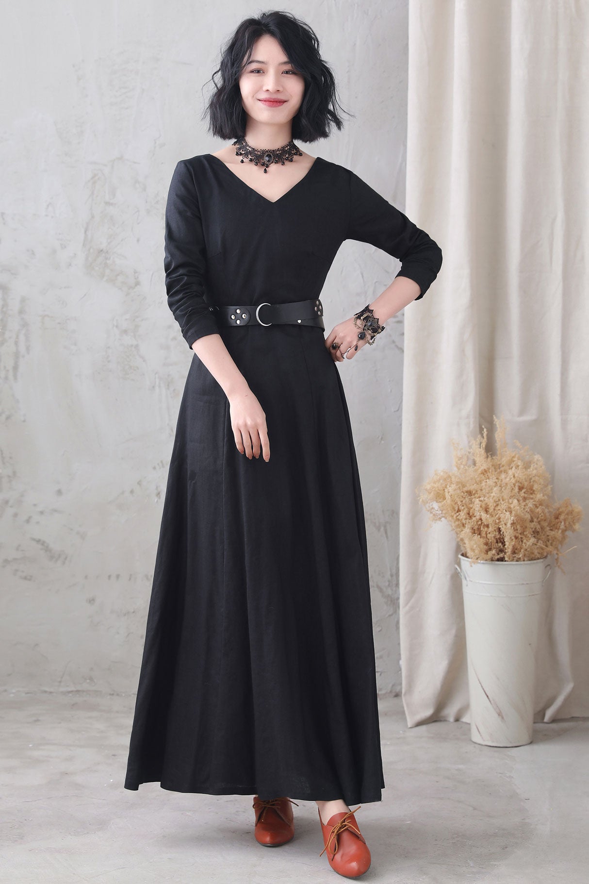Black Vintage Inspired Mediveal Long Maxi Linen Dress 3332 Xiaolizi Black Vintage Inspired Mediveal Long Maxi Linen Dress 3332 Xiaolizi