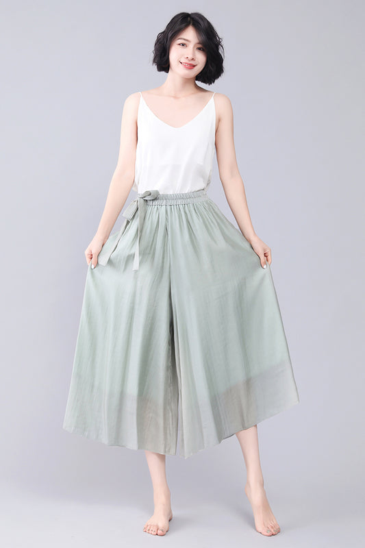 Women's Summer Palazzo Cropped Wide Leg Elastic Waist Pants 3568