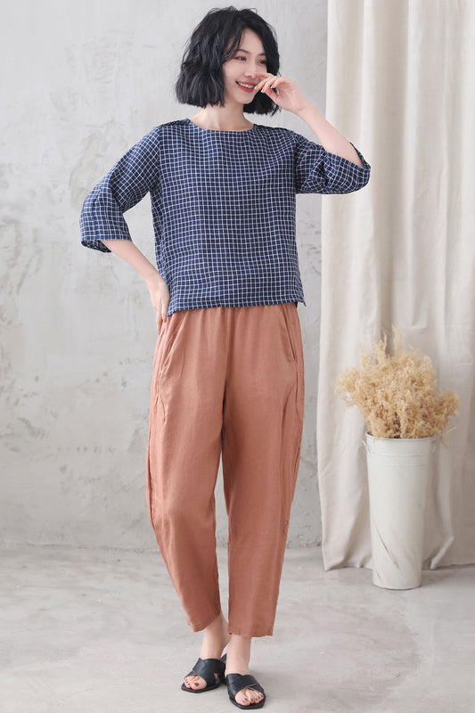 Blue Checked linen blouse 3336