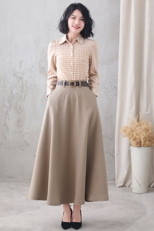 Beige Linen Cotton A-Line Maxi Skirt - High Waist with Pockets 3349