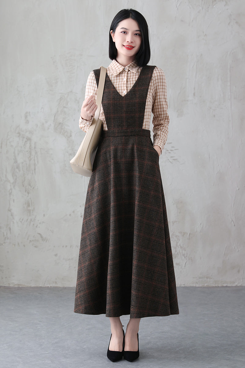 Handmade Long Plaid Wool Pinafore Dress 3836 Handmade Long Plaid Wool Pinafore Dress 3836