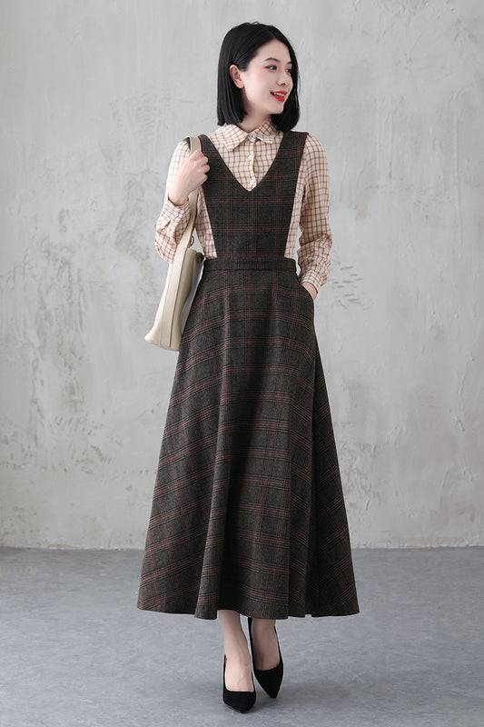 Handmade Long Plaid Wool Pinafore Dress 3836