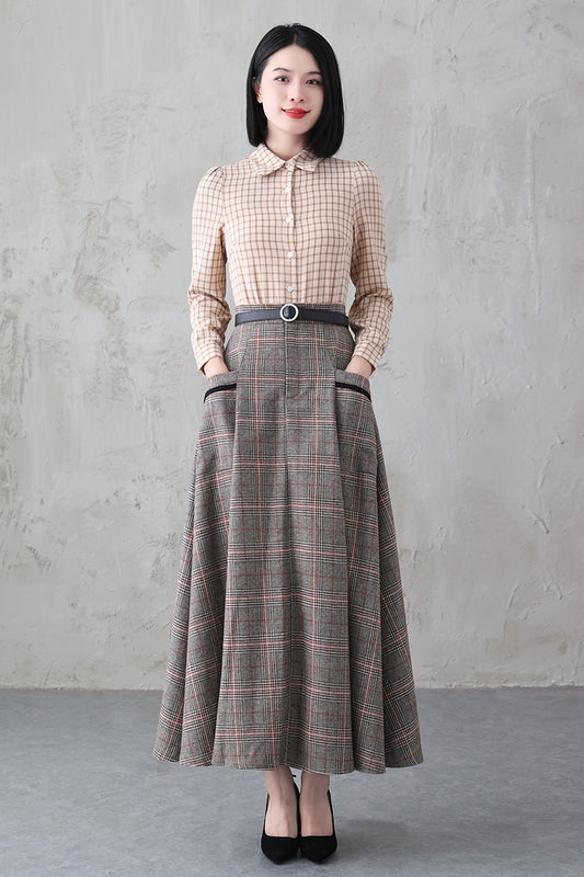 Women Retro Long Plaid Wool Skirt 3837