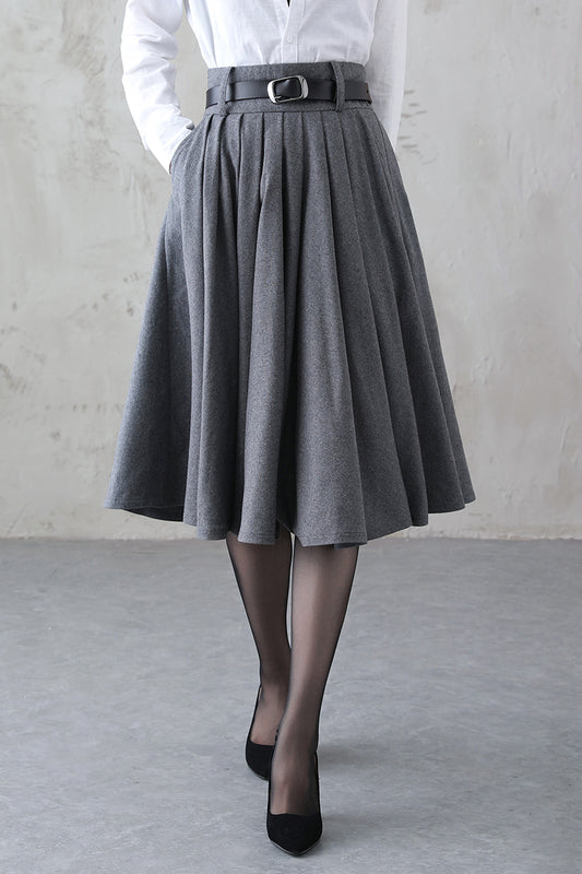 Vintage Gray Wool Skirt – Handmade Winter A-line Skirt with Pockets 3840