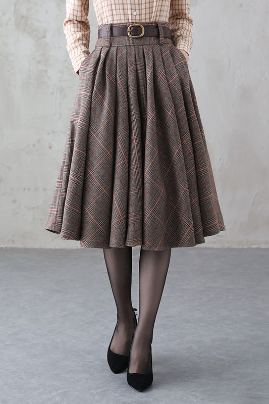 Handmade Brown Plaid Wool Midi Skirt – Vintage Pleated Circle Skirt | Xiaolizi 3839