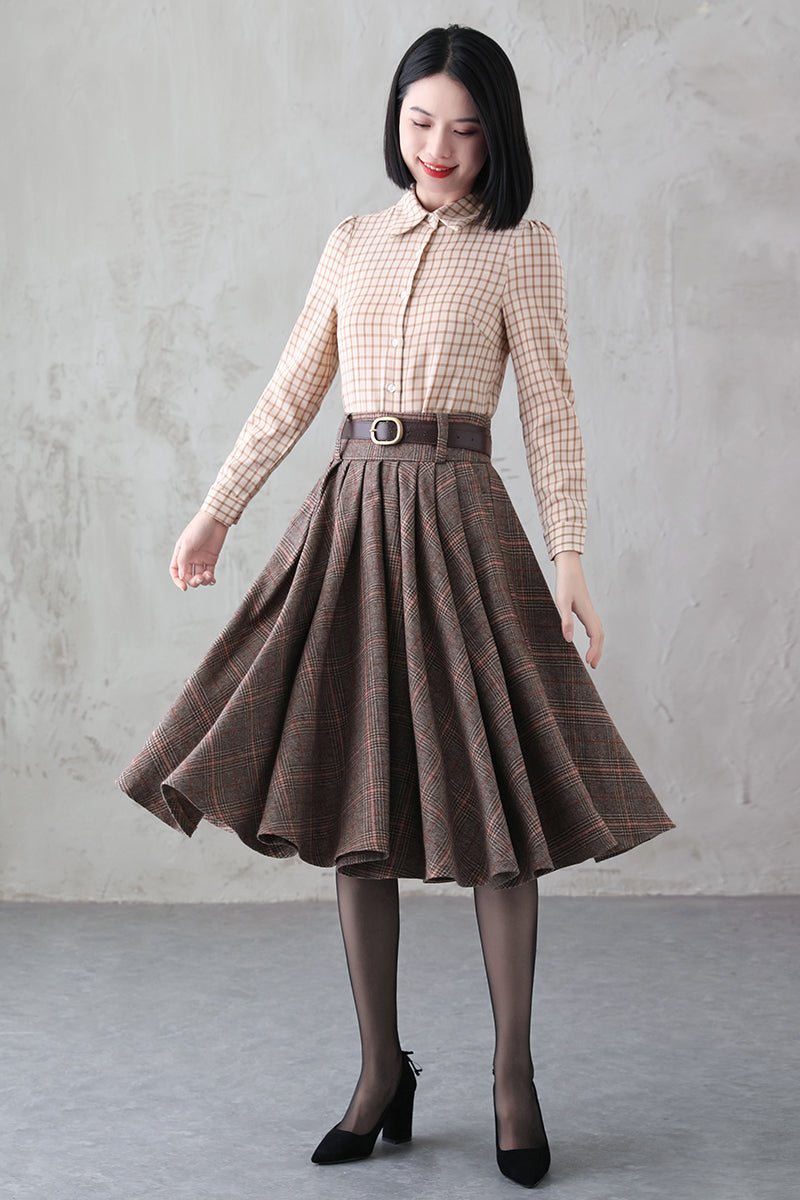 Brown Plaid Wool Midi Skirt – Handmade Vintage Winter Xiaolizi 3839
