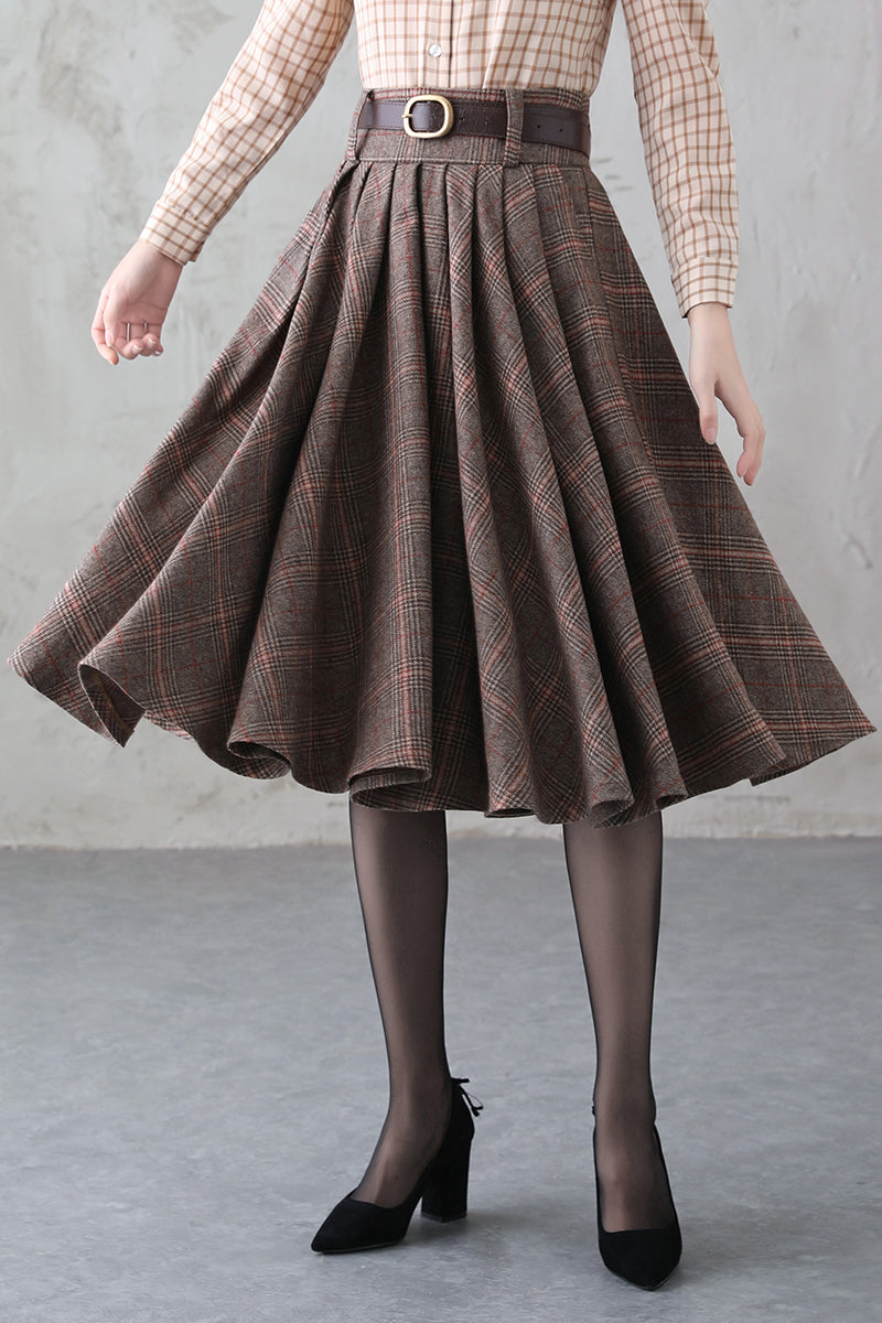 Handmade Brown Plaid Wool Midi Skirt – Vintage Pleated Circle Skirt | Xiaolizi 3839